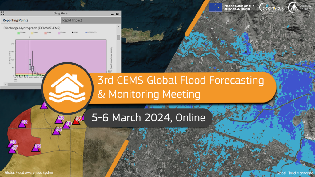 3rd CEMS GLOBAL FLOOD FORECASTING & MONITORING ANNUAL MEETING Banner. Global flood awareness System visual and Global flood monitoring visual in the background.